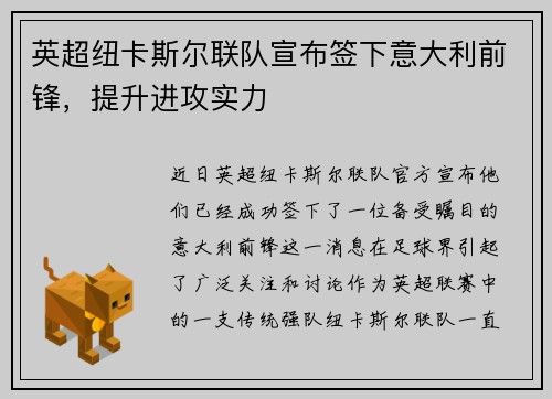 英超纽卡斯尔联队宣布签下意大利前锋，提升进攻实力